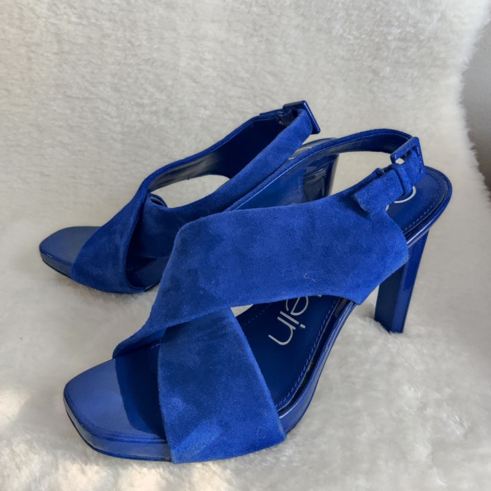 Calvin Klein Myra cross strap high heel sandal.  Royal blue.